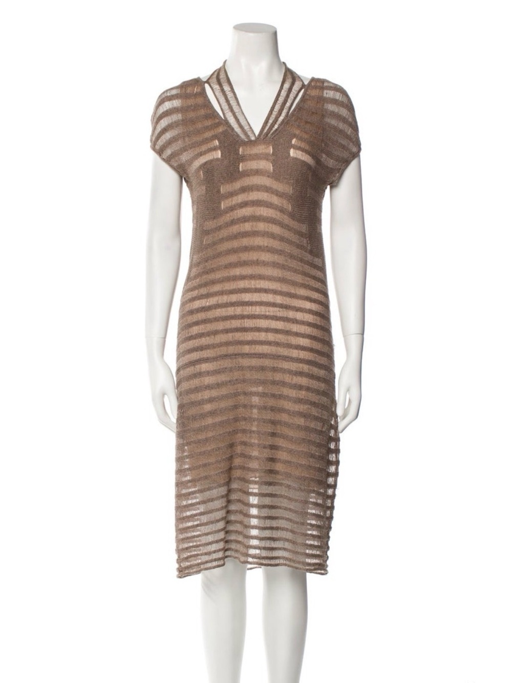 Ports 1961 Sheer Striped Knit Midi Dress in Taupe Brown, Size Small